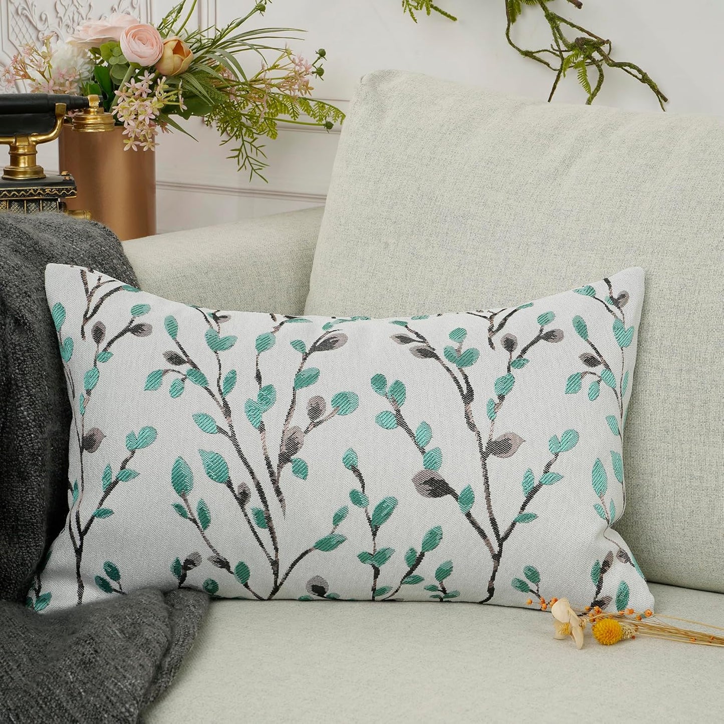 YOUR SMILE Classical Embroidery Jacquard Green Square Decorative Throw Pillow Case Cushion
