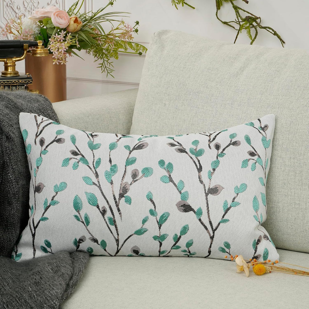 YOUR SMILE Classical Embroidery Jacquard Green Square Decorative Throw Pillow Case Cushion