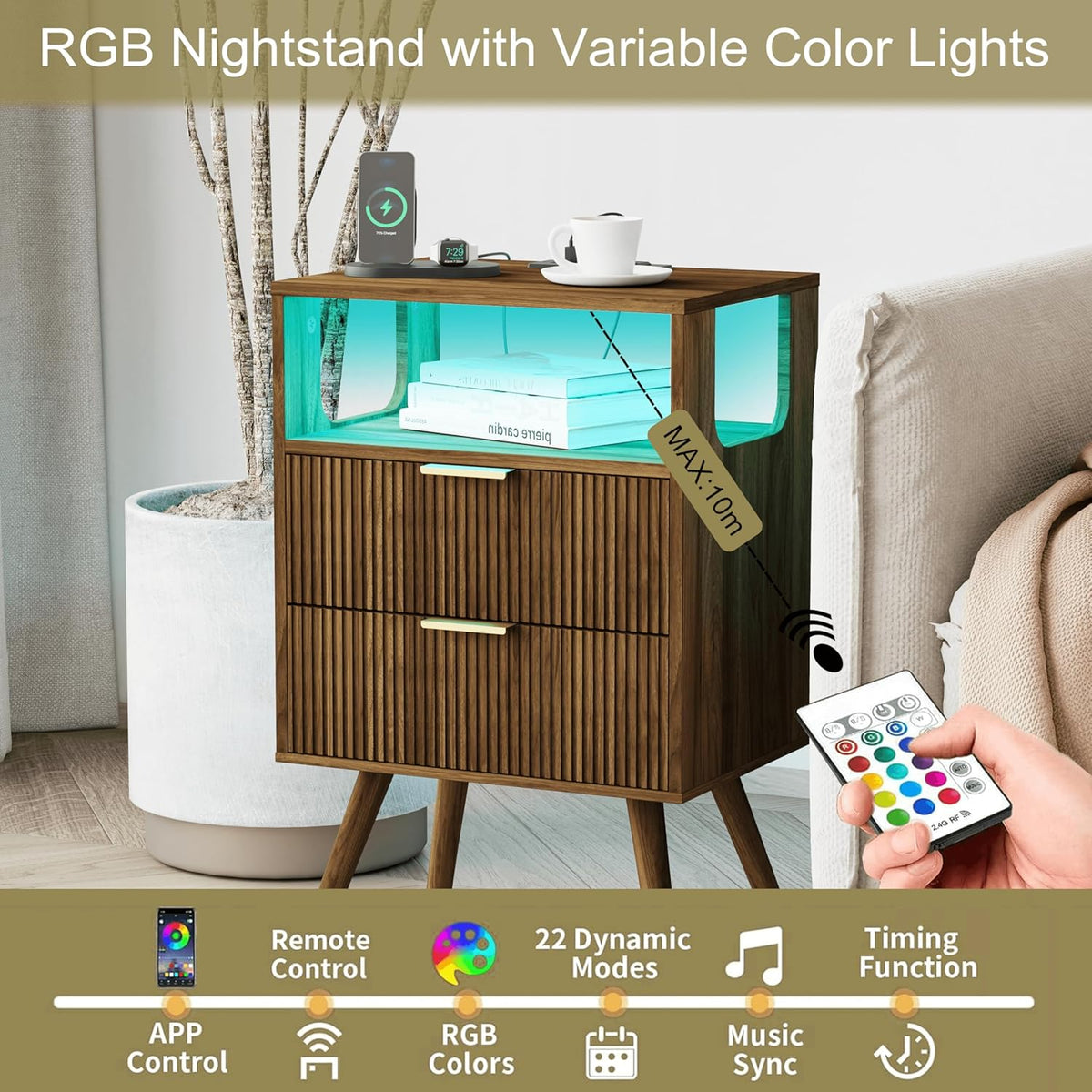 Nightstand with Charging Station and LED Lights,Modern Bedside Table with 2 Storage Drawer and Open