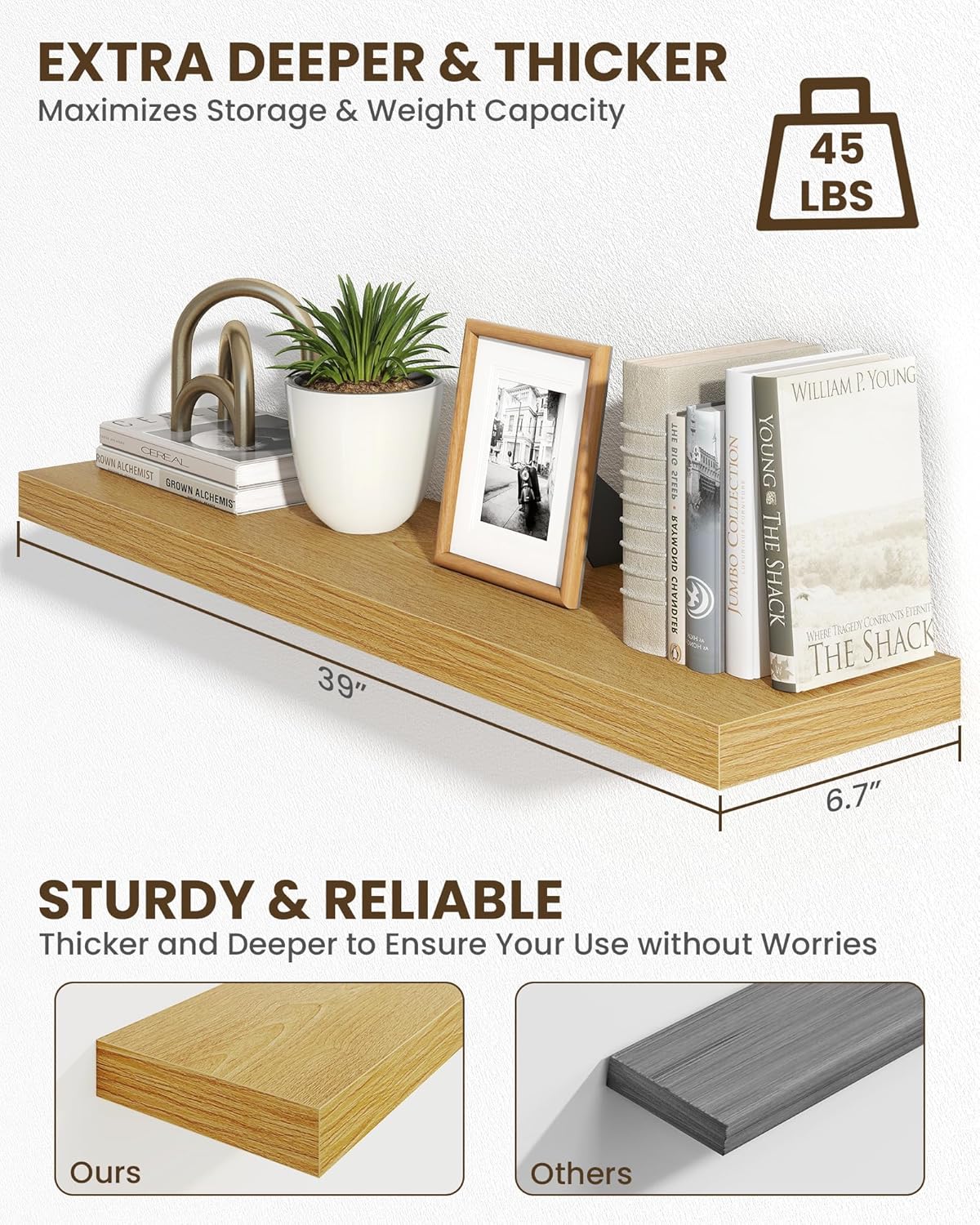 Marsmiles 39" Floating Shelves for Wall, Wooden Shelves with Invisible Brackets Set of 2, Rustic