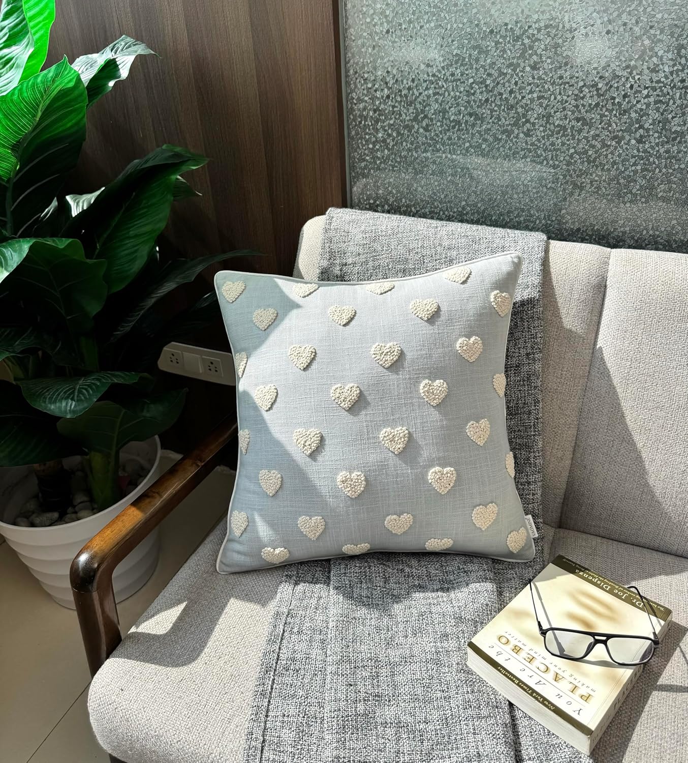 VAGMINE Hand Embroidered French Knotted Hearts Pillow Cover - 18x18 Inches Square - 100% Cotton