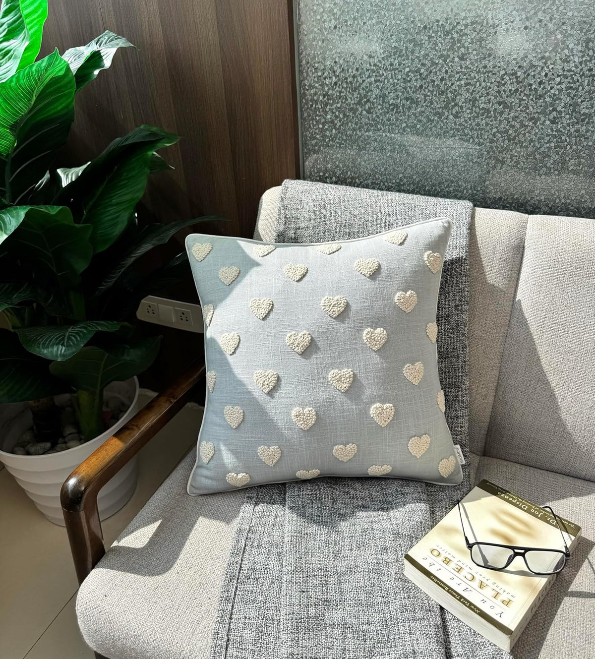 VAGMINE Hand Embroidered French Knotted Hearts Pillow Cover - 18x18 Inches Square - 100% Cotton