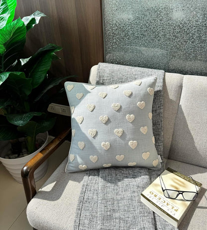 VAGMINE Hand Embroidered French Knotted Hearts Pillow Cover - 18x18 Inches Square - 100% Cotton