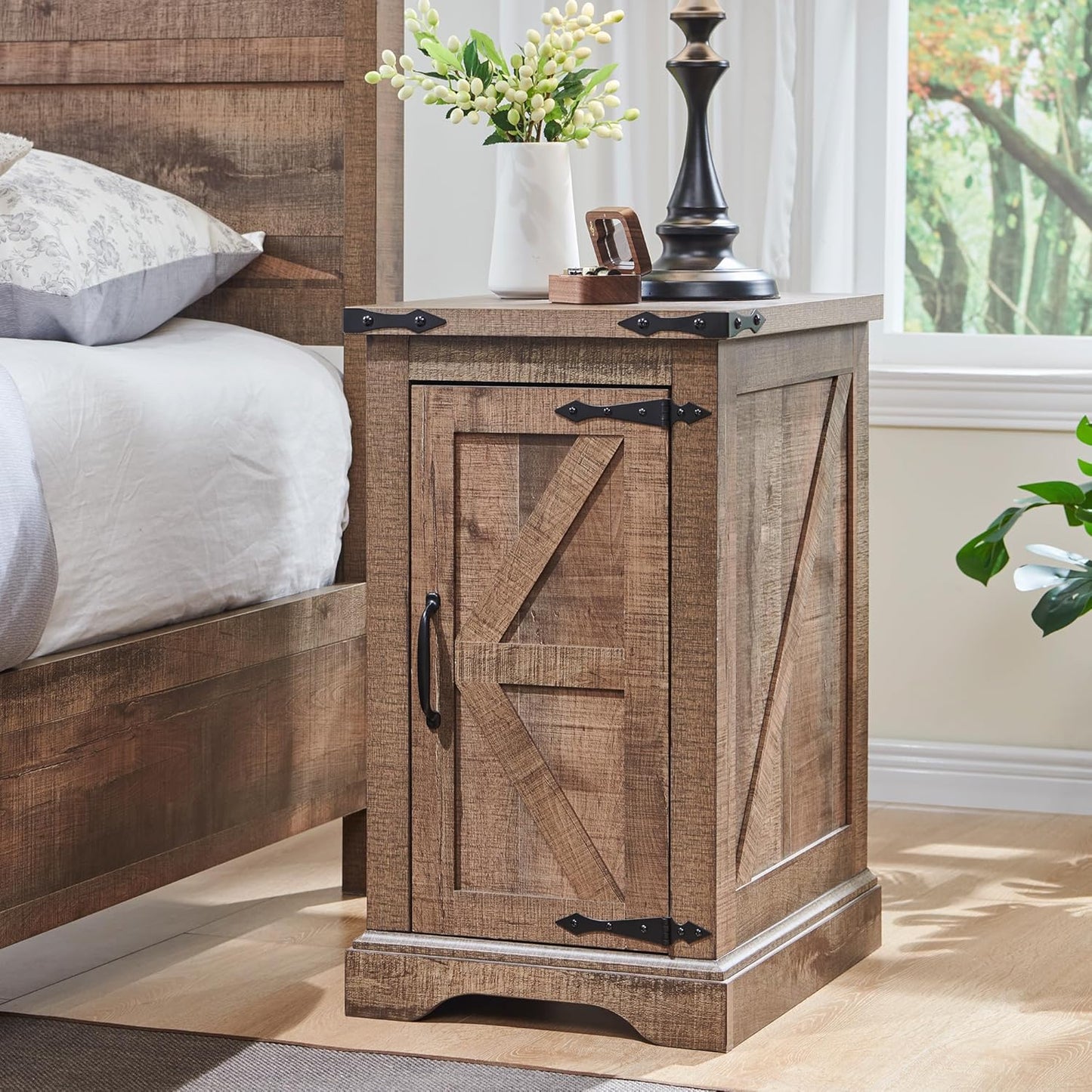 JXQTLINGMU Farmhouse Nightstand Set of 2 with Charging Station, 17"D Rectangular End Table with