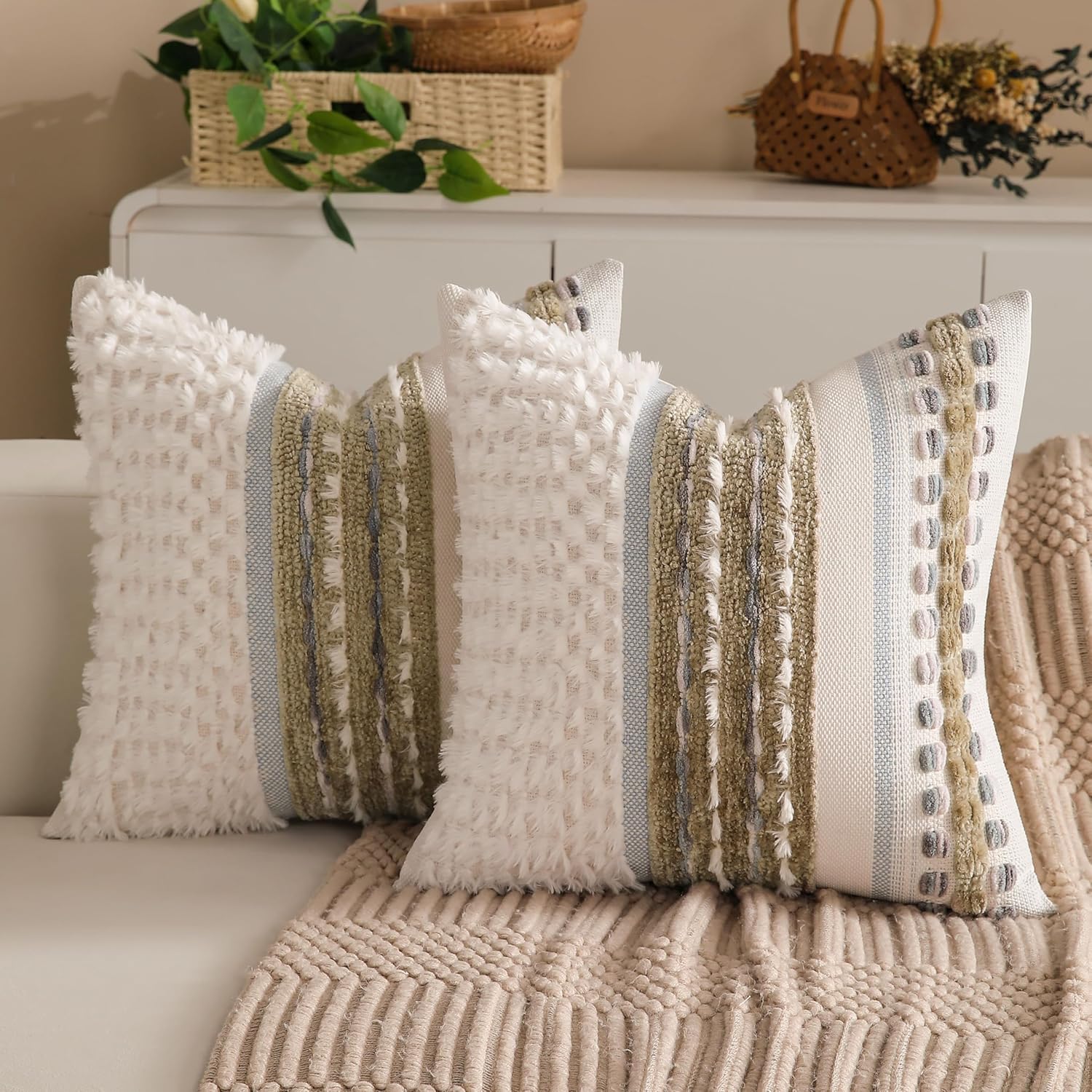 Boho Chenille Tufted Couch Throw Pillow Covers 18x18 Inch Set of 2 Farmhouse Striped Decorative