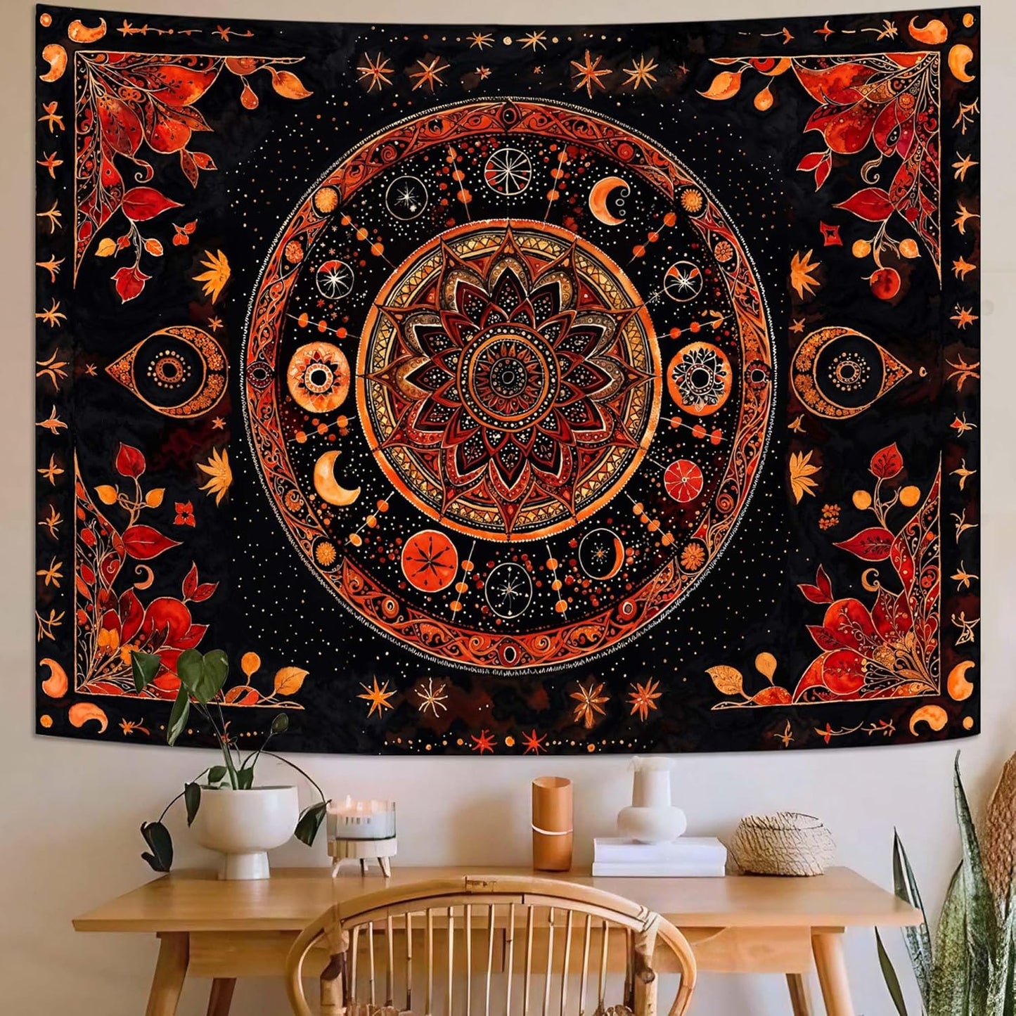 Lunerfex Mandala Moon and Stars Tapestry Boho Tapestry for Bedroom Black and Orange Tapestries Wall