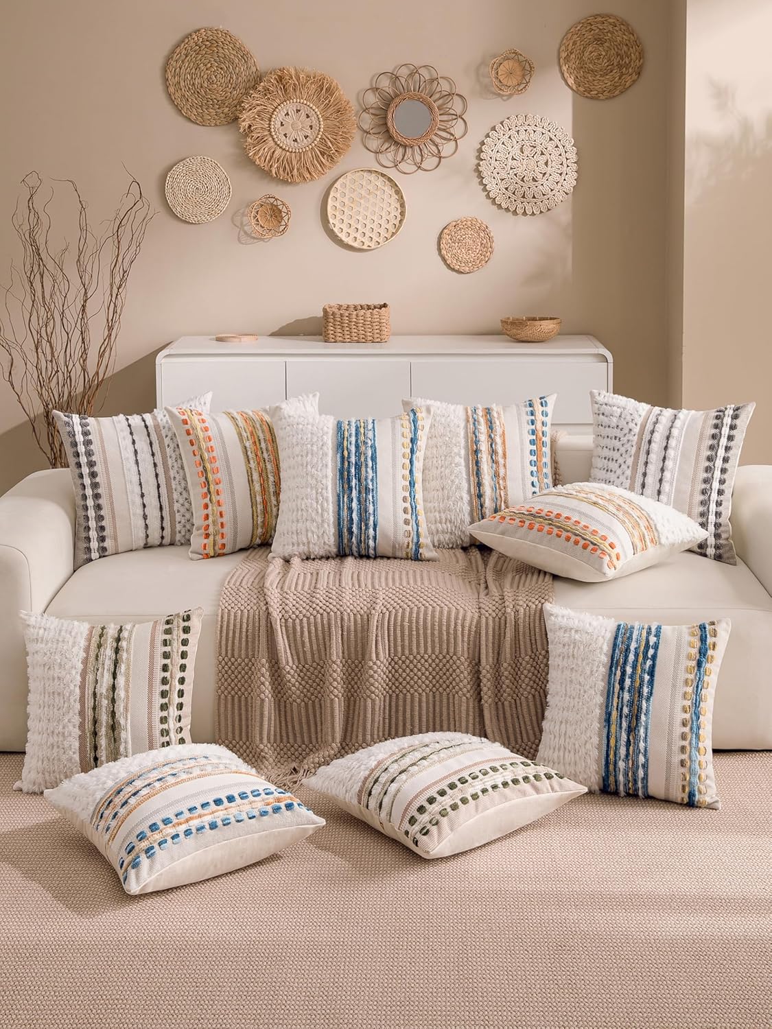 Boho Chenille Tufted Couch Throw Pillow Covers 18x18 Inch Set of 2 Farmhouse Striped Decorative