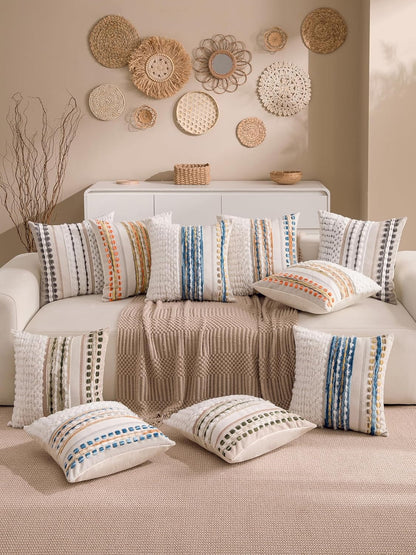 Boho Chenille Tufted Couch Throw Pillow Covers 18x18 Inch Set of 2 Farmhouse Striped Decorative