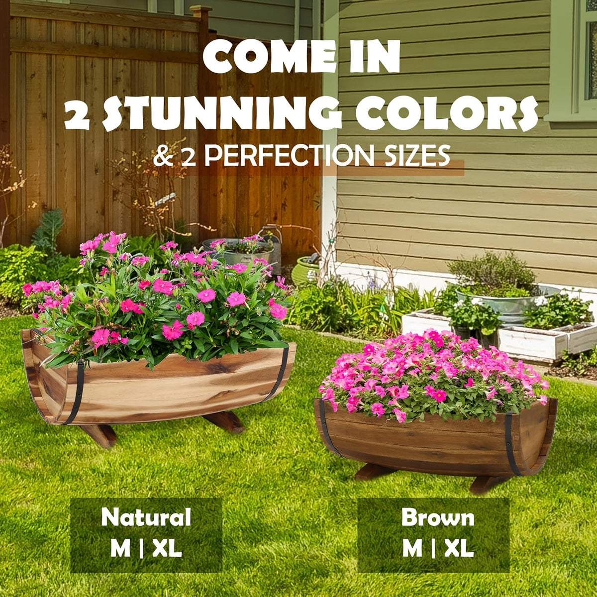 IDZO Solid Acacia Wood Half Barrel Planters Outdoor Set of 2 Different Sizes, Wooden Planters for