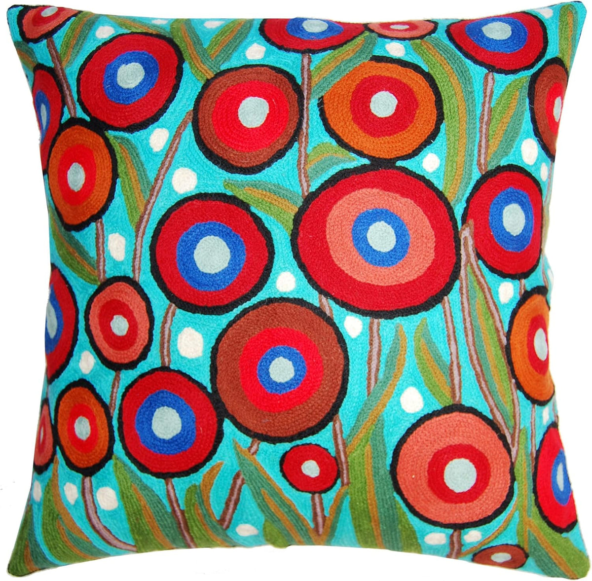 Floral Poppy Pillow Cover - Turquoise Suzani Poppies Accent Chair Cushion - 18x18 Inch Hand