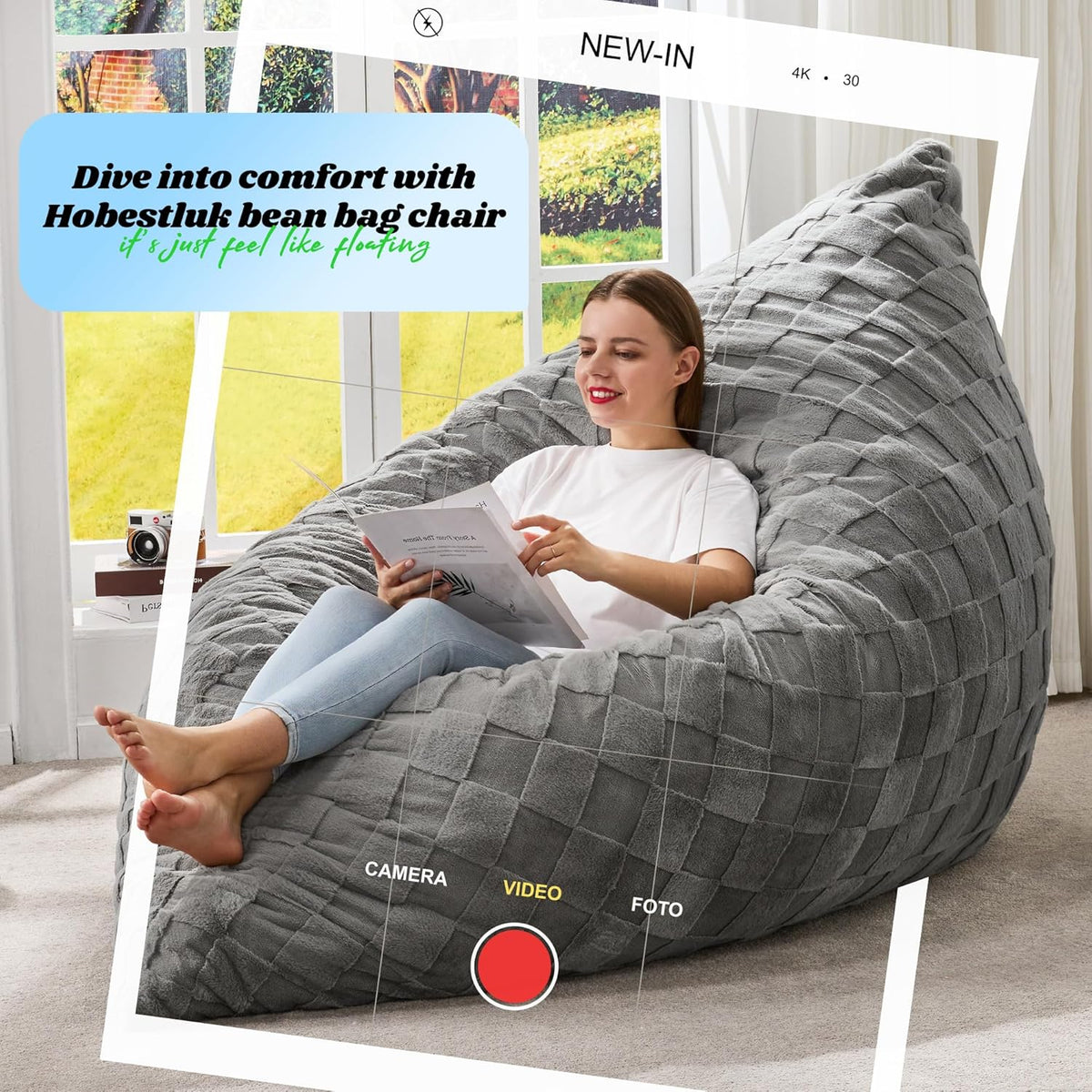 Hobestluk 3 in 1 Bean Bag Chair Giant Bean Bag Chairs for Adults with Plaid Cover Convertible Bean