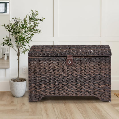 Handwoven Storage Basket with Lid, 178L Plastic Rattan Storage Bin, Leather Buckle & Metal Frame