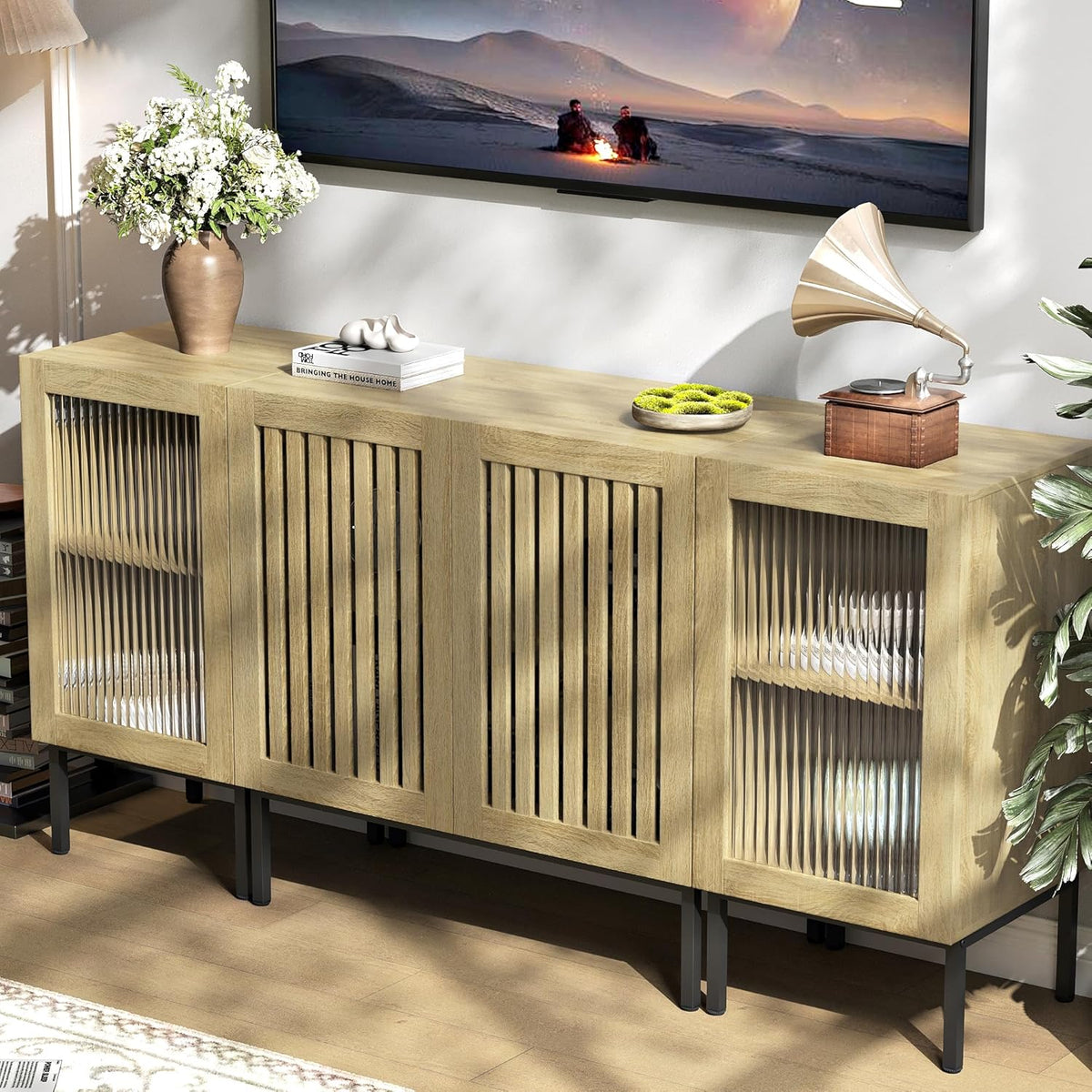 Farmhouse TV Stand for TVs up to 70 Inch, Entertainment Center TV Console with Storage Cabinets and