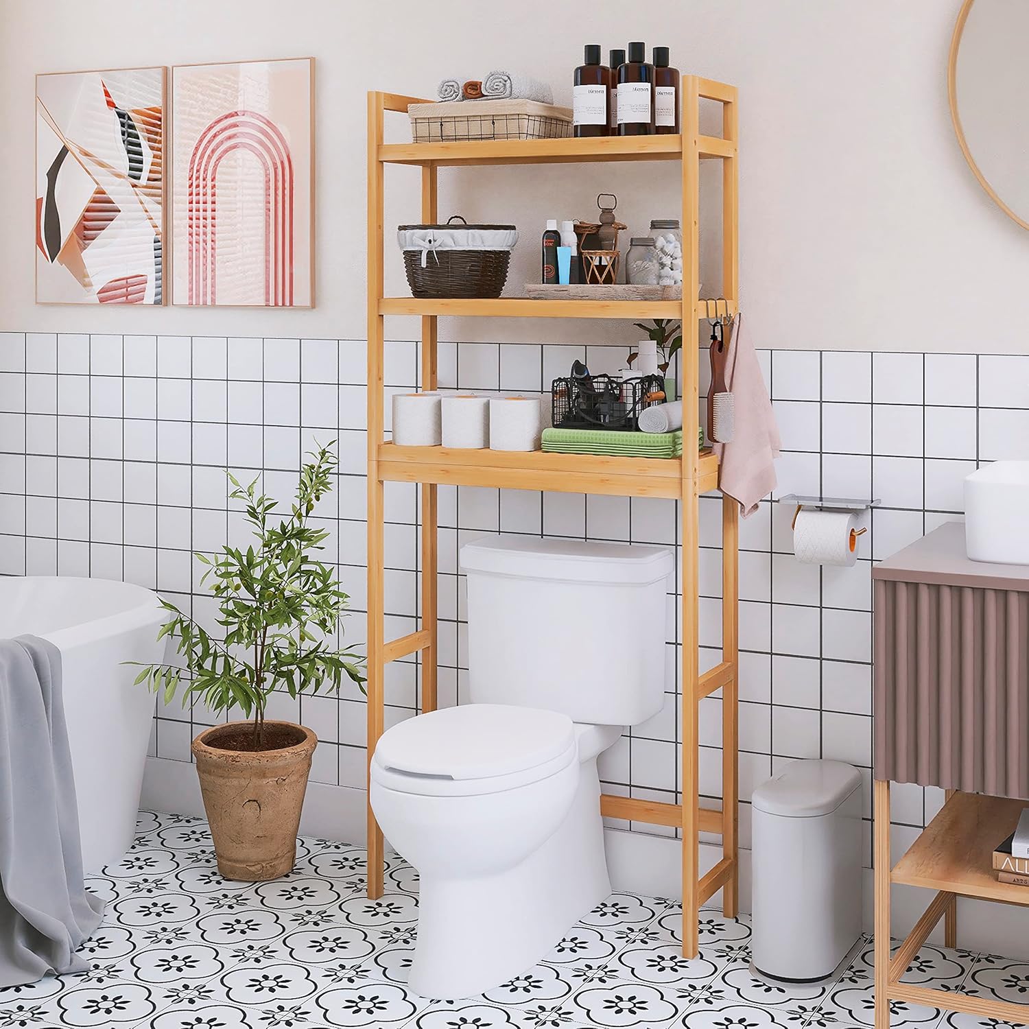 SMIBUY Bathroom Storage Shelf, Bamboo Over-The-Toilet Organizer Rack, Freestanding Toilet Space