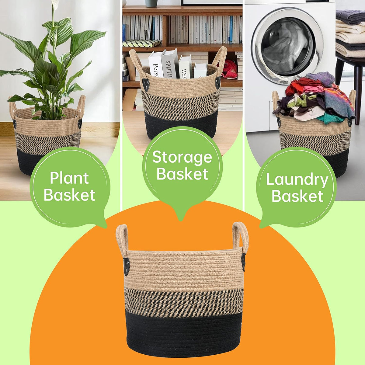 14"x12" Natural Jute Rope Woven Storage Basket with Handles for Plant, Blankets,Toys - Living Room