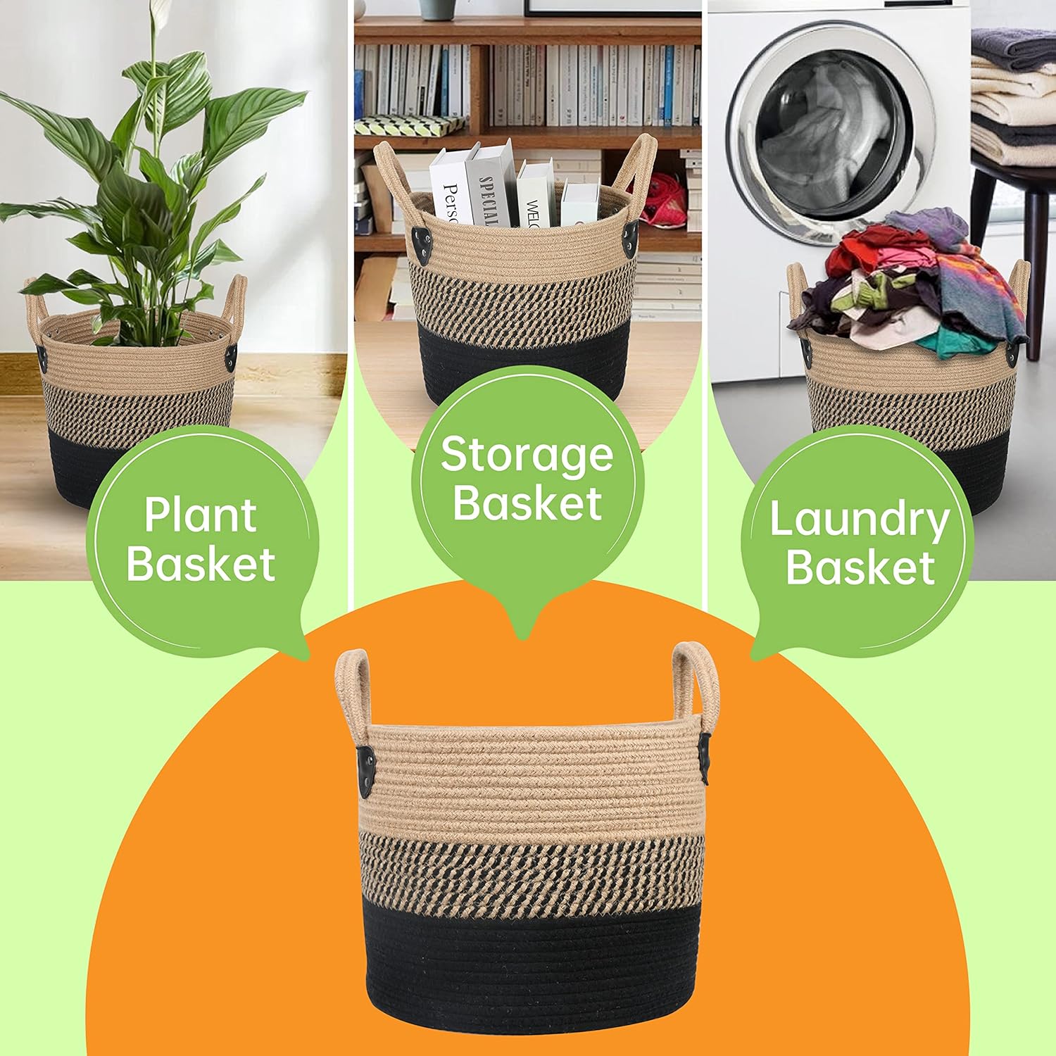 14"x12" Natural Jute Rope Woven Storage Basket with Handles for Plant, Blankets,Toys - Living Room