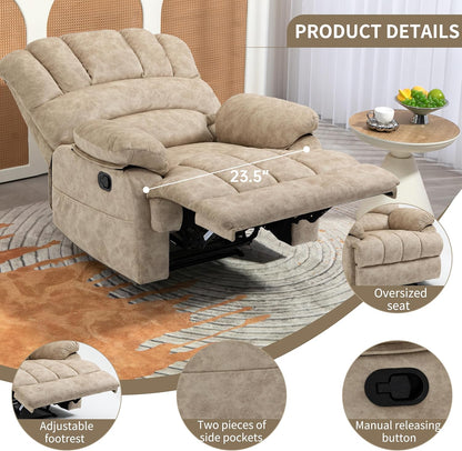 Luxlen Large Manual Recliner Chair,Soft Fabric Push Back Recliner with Overstuffed Armrest and