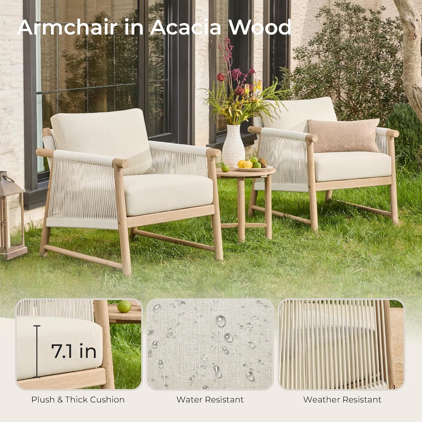 CHITA 3 Pieces Boho Patio Rattan Bistro Set, Outdoor Wicker Chairs & Side Table Set with Acacia