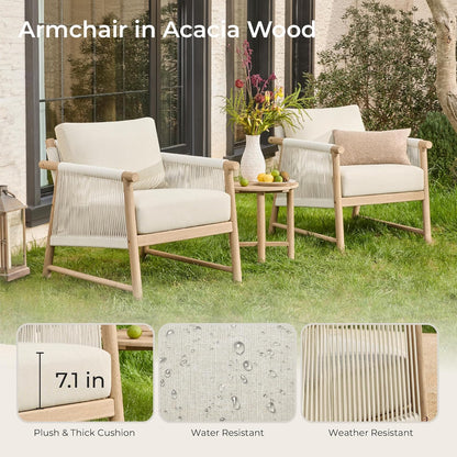 CHITA 3 Pieces Boho Patio Rattan Bistro Set, Outdoor Wicker Chairs & Side Table Set with Acacia
