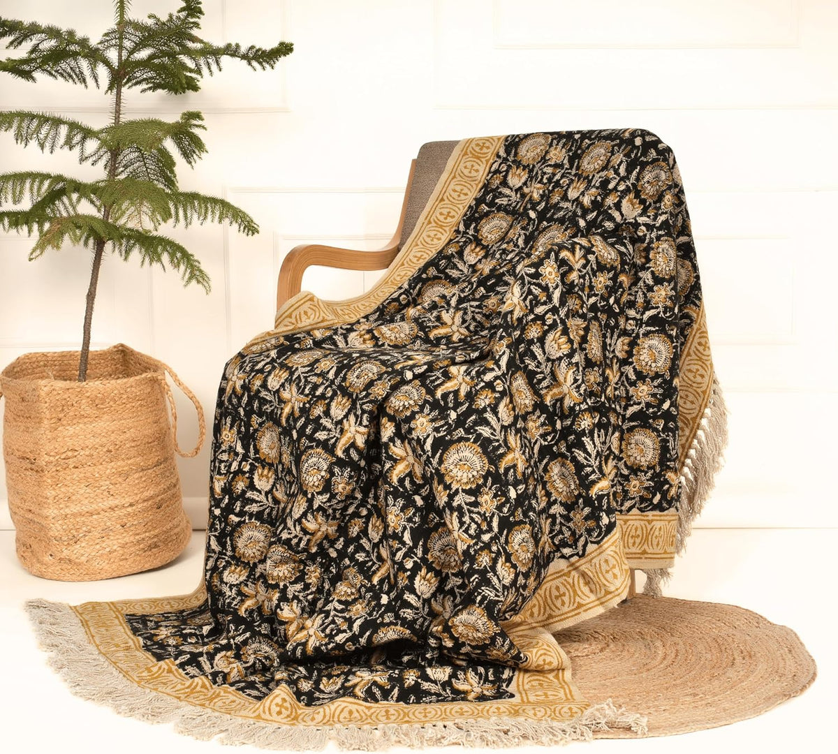 Bohemian Floral Cotton Throw Blanket with Tassels | 48x70 Inch Handblock Printed Sofa Throw | Black
