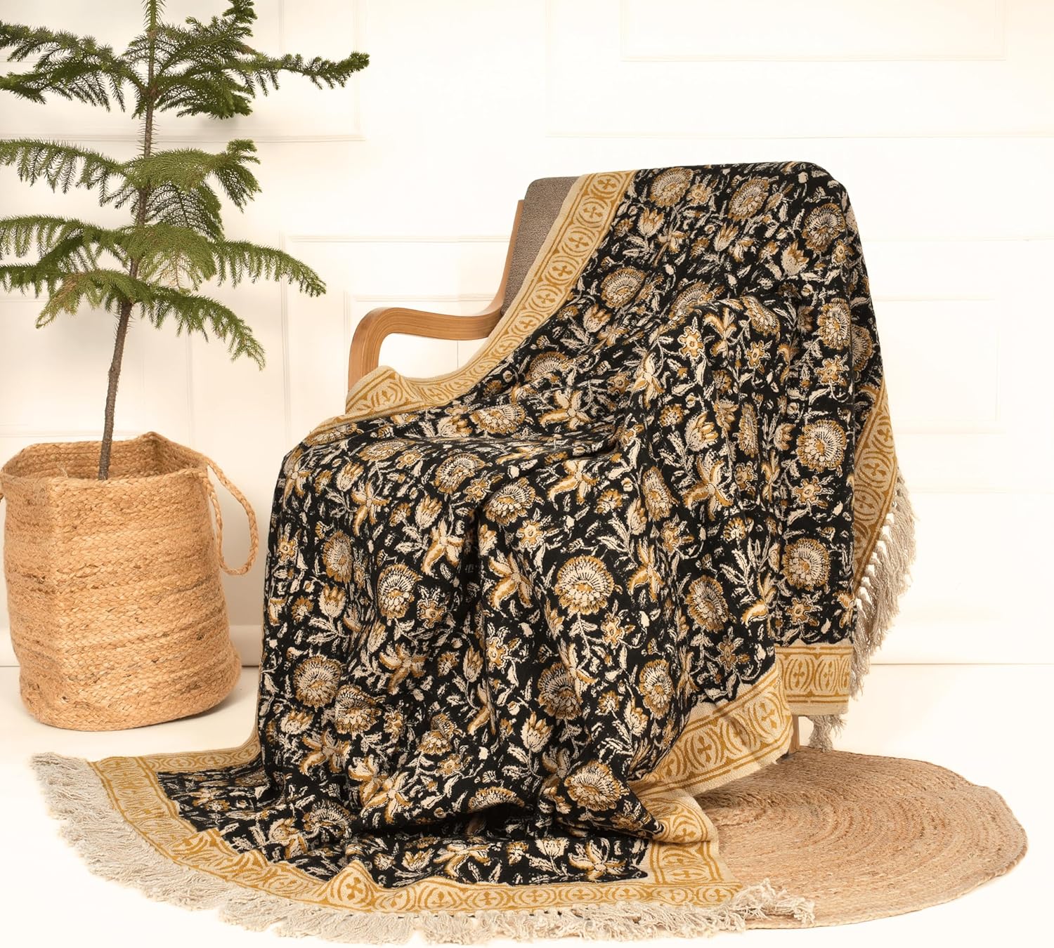 Bohemian Floral Cotton Throw Blanket with Tassels | 48x70 Inch Handblock Printed Sofa Throw | Black