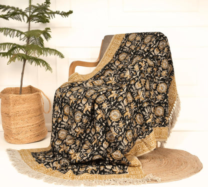 Bohemian Floral Cotton Throw Blanket with Tassels | 48x70 Inch Handblock Printed Sofa Throw | Black