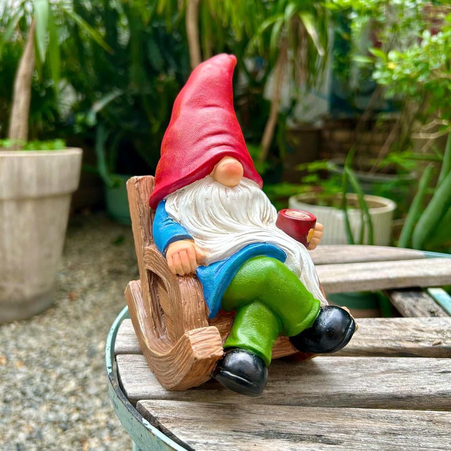 Drinking Coffee Faceless Garden Gnome Statue Decoration 7.1" Figurine Ornament for Indoor Outdoor
