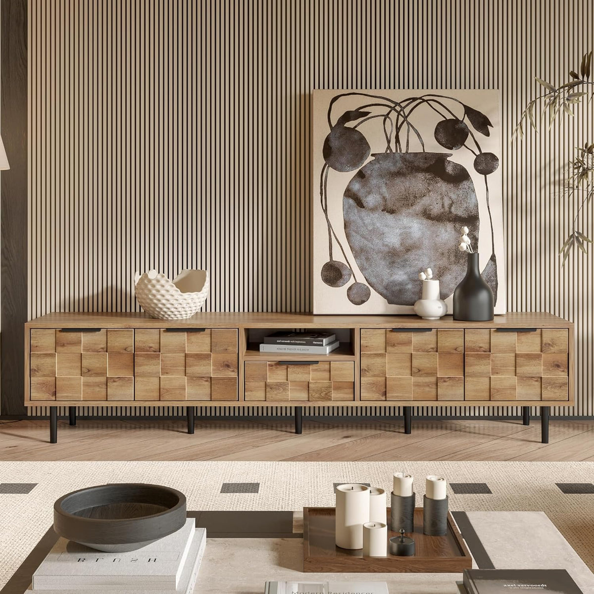 Modern TV Stand for TVs up to 85", Mid-Century Media Console with Checkered Cabinet Doors, Storage
