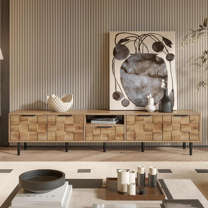 Modern TV Stand for TVs up to 85", Mid-Century Media Console with Checkered Cabinet Doors, Storage