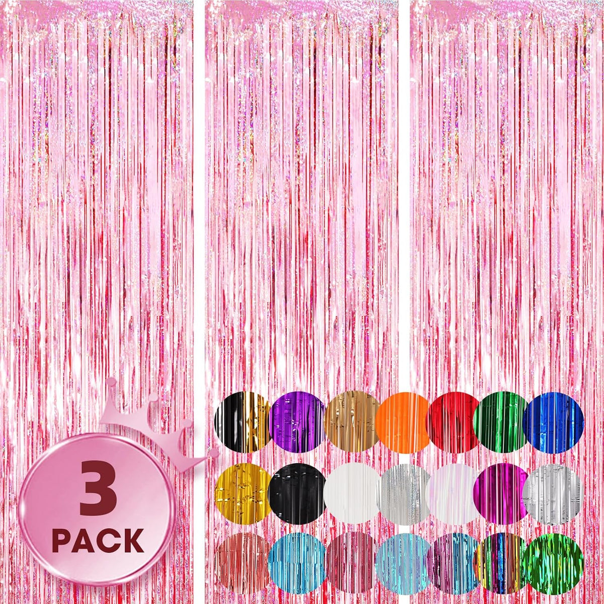 3 Pack 3.3x8.2 Feet Laser Pink Foil Fringe Backdrop Curtains, Tinsel Streamers Birthday Party
