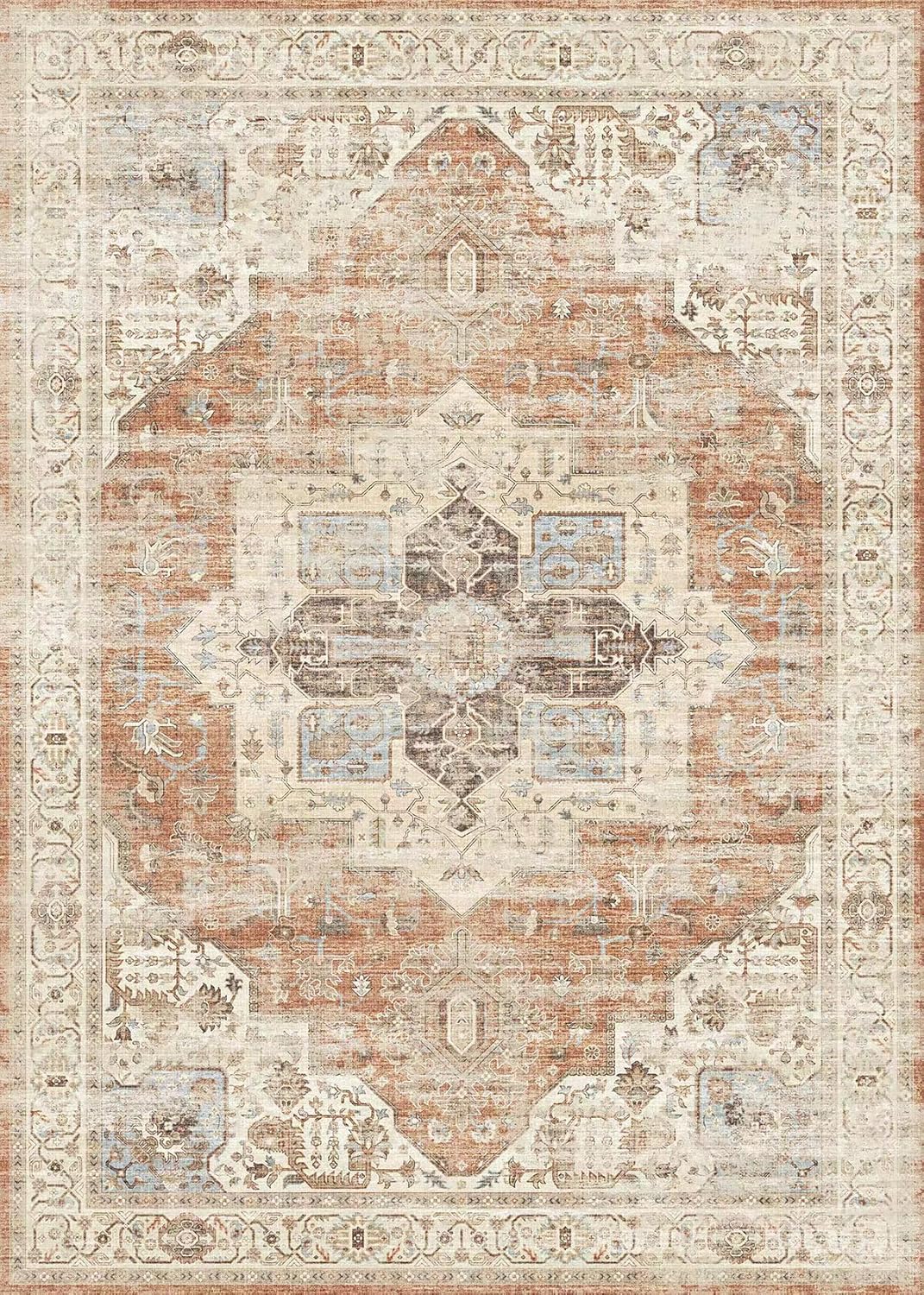 5'x7' Area Rug - Vintage Persian Medallion Design Low-Pile Faux Wool Rug, Non-Slip Backing, Machine