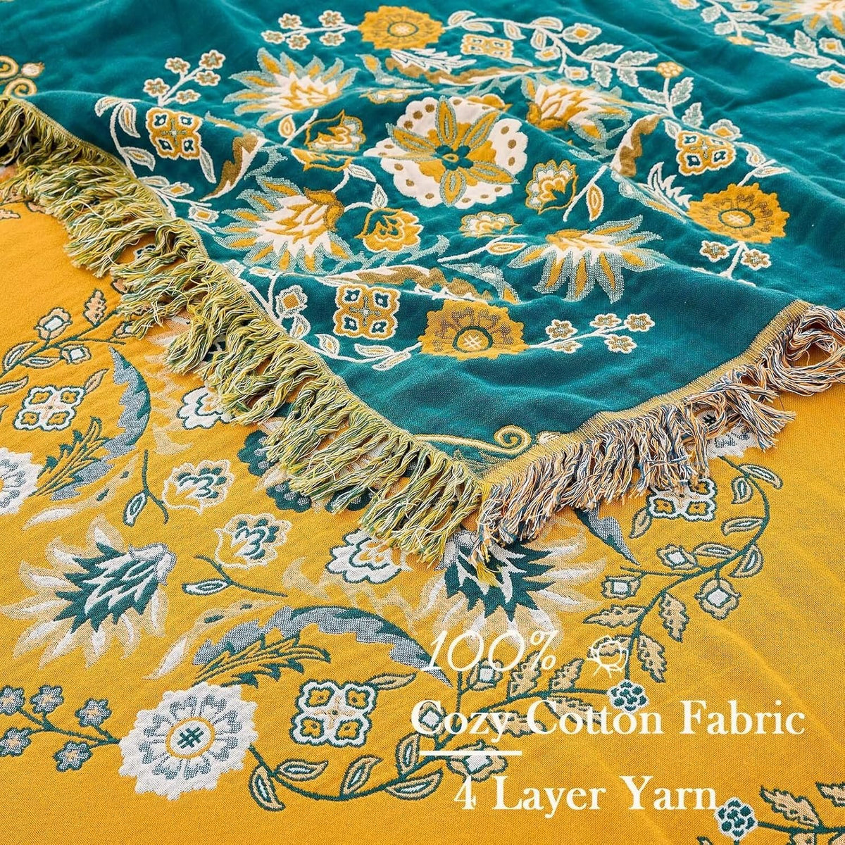 Boho Throw Blanket, 100% Cotton Ultra Soft Luxury Throw Rustic Quilt, Floral Printed Farmhouse