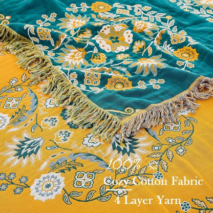 Boho Throw Blanket, 100% Cotton Ultra Soft Luxury Throw Rustic Quilt, Floral Printed Farmhouse