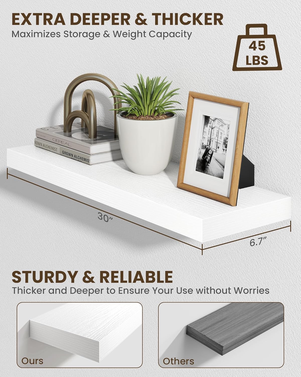 Marsmiles 30" Floating Shelves for Wall, Wooden Shelves with Invisible Brackets Set of 2, Rustic