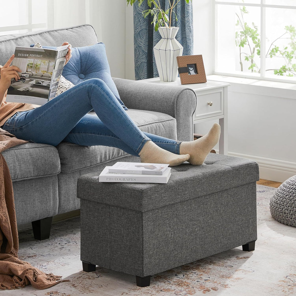 SONGMICS Storage Ottoman Bench, Foldable Foot Rest with Legs, 15 x 30 x 15.2 Inches, End of Bed