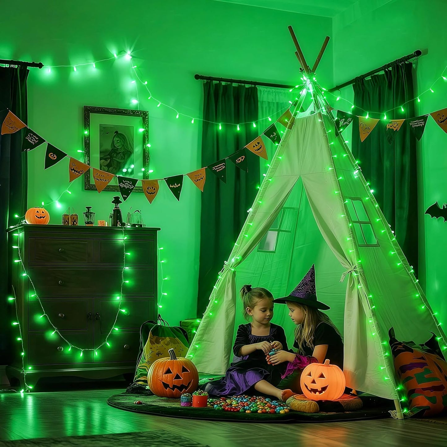 JMEXSUSS Connectable 100 LED Green Halloween Lights, 8 Modes Plug-in Green Christmas Lights Indoor