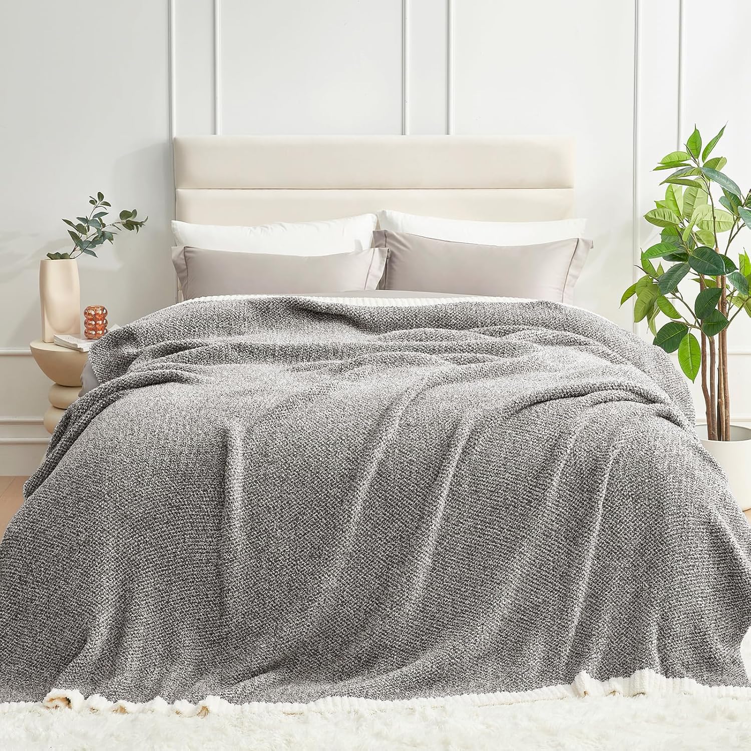 Snuggle Sac Oversized Grey Blanket Twin XL 66X90 for Bed, Reversible Super Soft Warm Cozy Knit