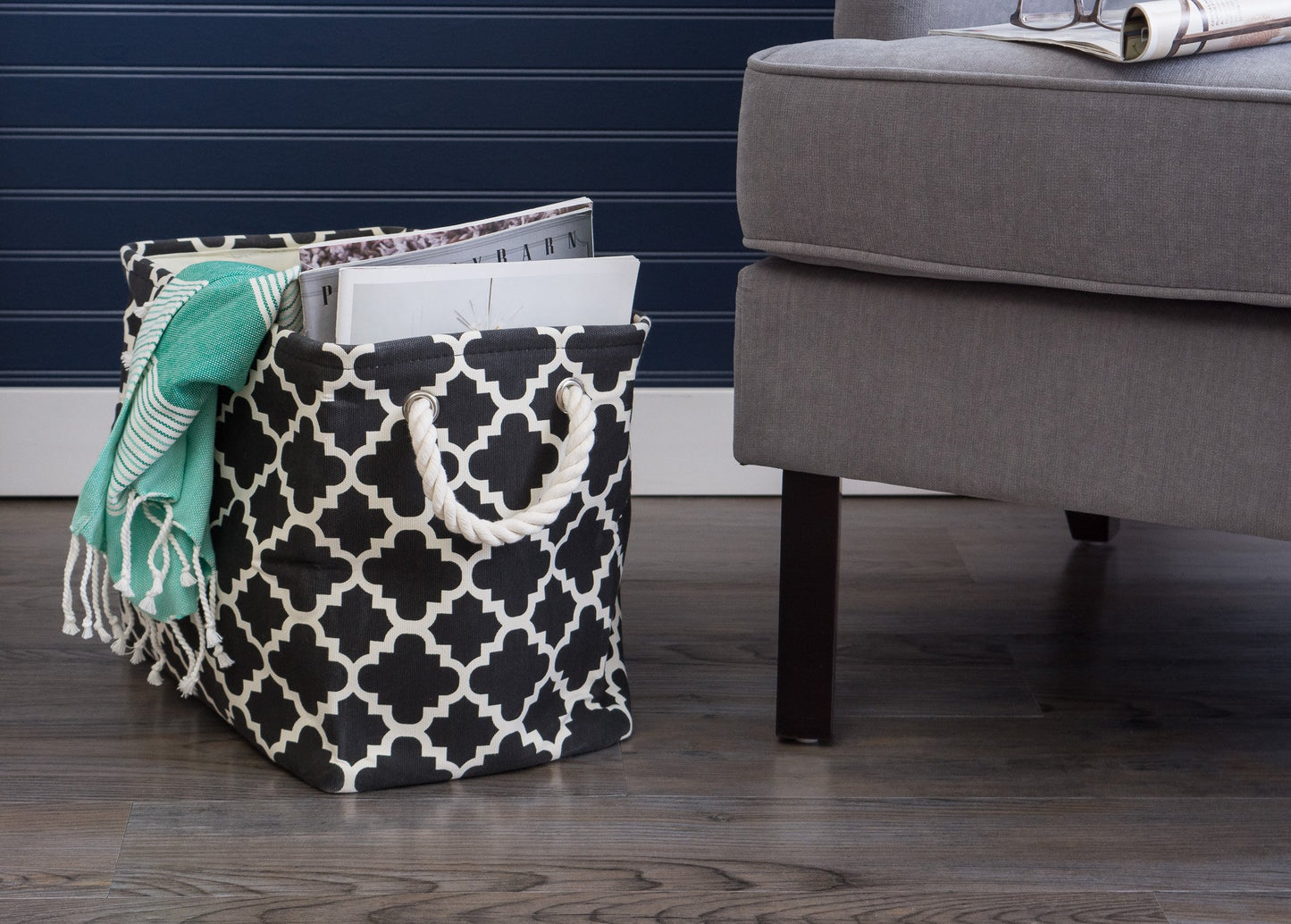 DII Polyester Container with Handles, Lattice Storage Bin, Medium, Black Lattice