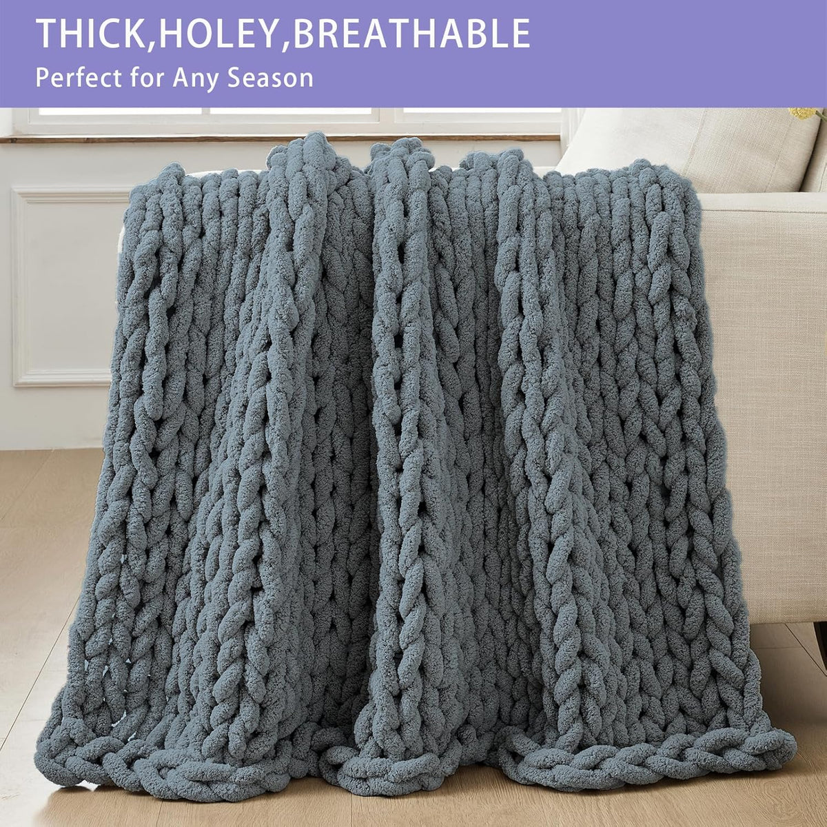 Bigacogo Chunky Knit Throw Blanket for Couch, 40x40 inches, 100% Hand Knitted with Thick Jumbo