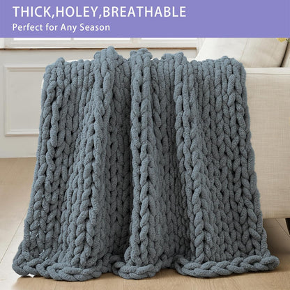 Bigacogo Chunky Knit Throw Blanket for Couch, 40x40 inches, 100% Hand Knitted with Thick Jumbo