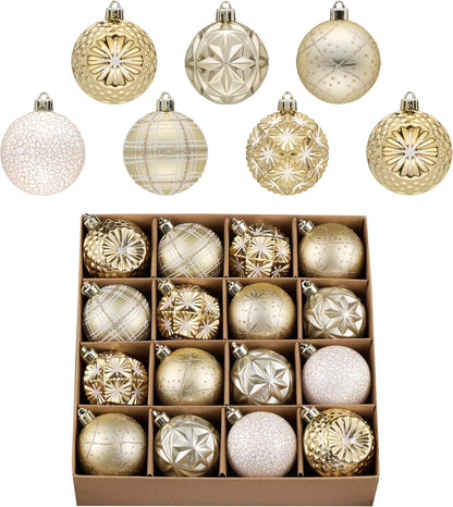 Valery Madelyn Ornaments for Christmas Trees, 16ct 2.36 Inches White and Gold Shatterproof