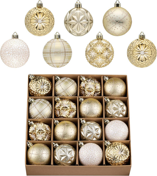 Valery Madelyn Ornaments for Christmas Trees, 16ct 2.36 Inches White and Gold Shatterproof