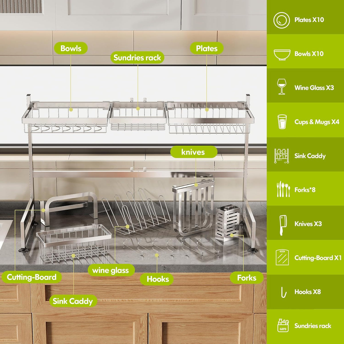 2 Tier Extra Large Stainless Steel Expandable Over The Sink Dish Drainer Drying Rack, Rust Proof