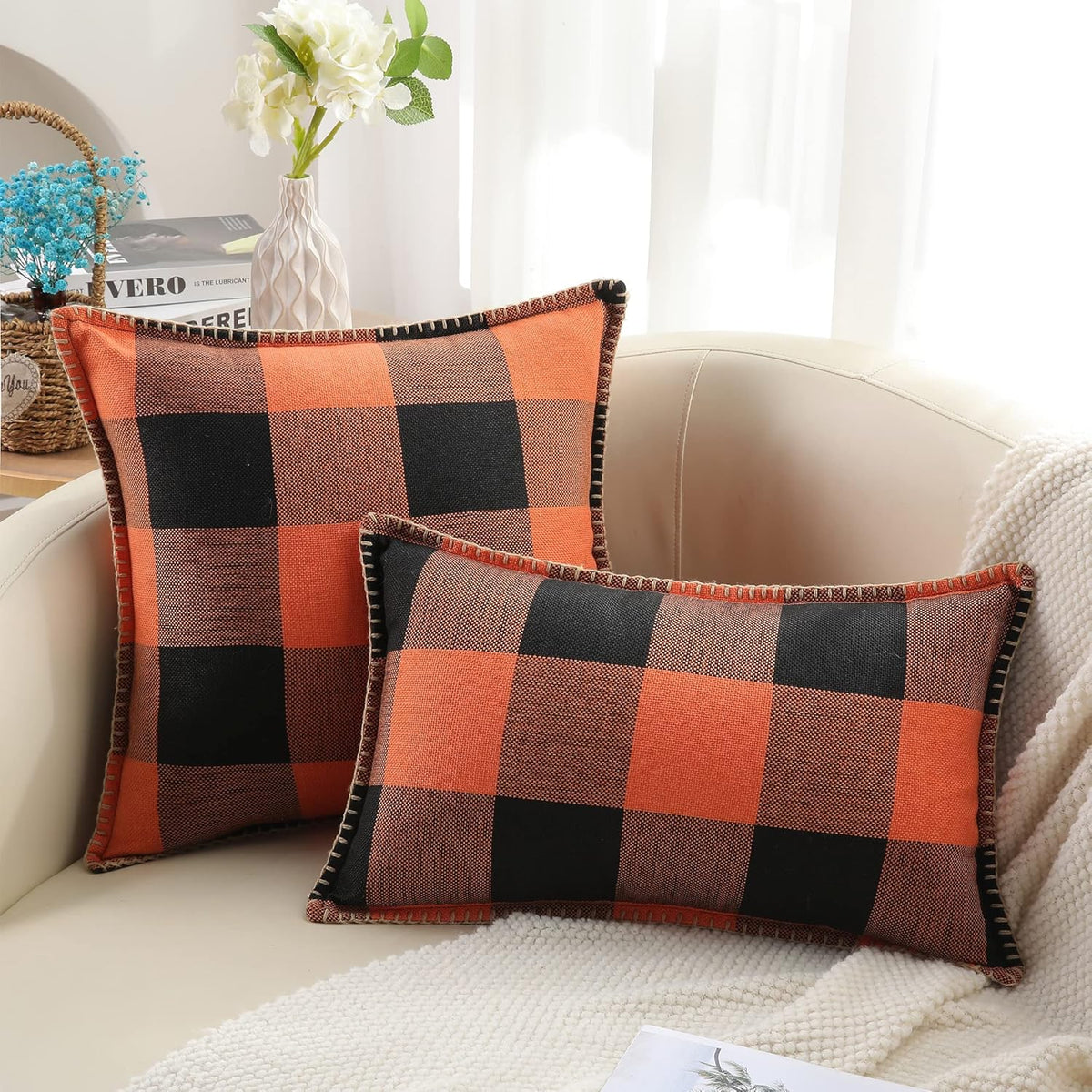 decorUhome Fall Orange and Black Decorative Throw Pillow Covers 16x16 Set of 2, Buffalo Plaid Check