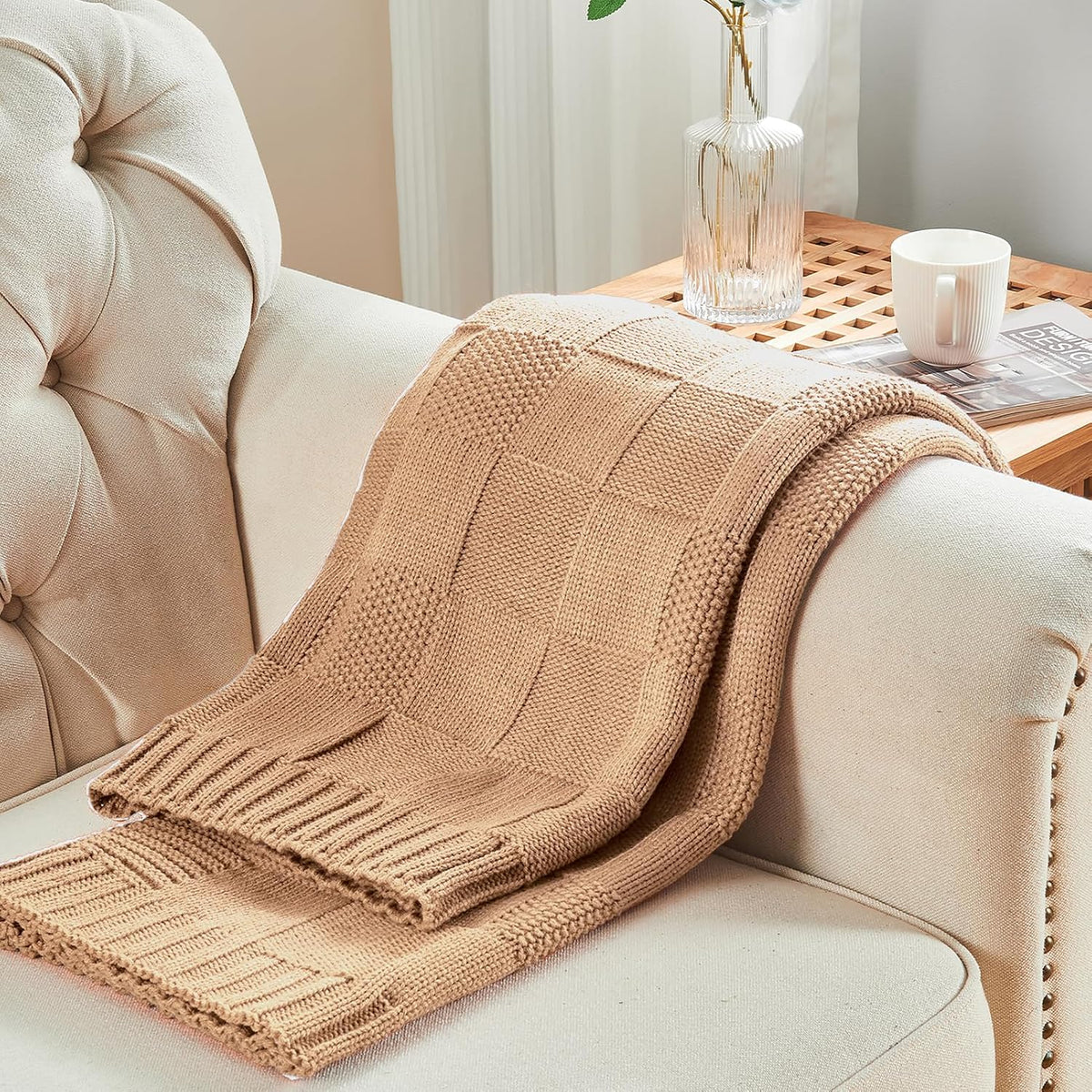 CozeCube Check Knit Throw Blanket, Beige Checkered Throw for Couch, Decorative Christmas Soft Cozy