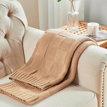 CozeCube Check Knit Throw Blanket, Beige Checkered Throw for Couch, Decorative Christmas Soft Cozy