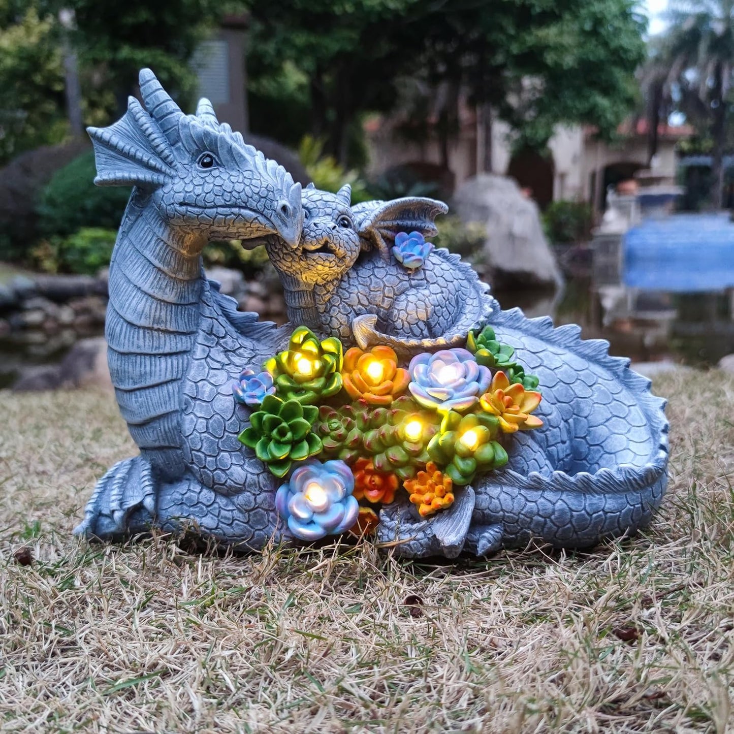 Solar Dragon Statue with LED Lights, Dargon Lover Gifts with Succulent and 6 LED Lights for