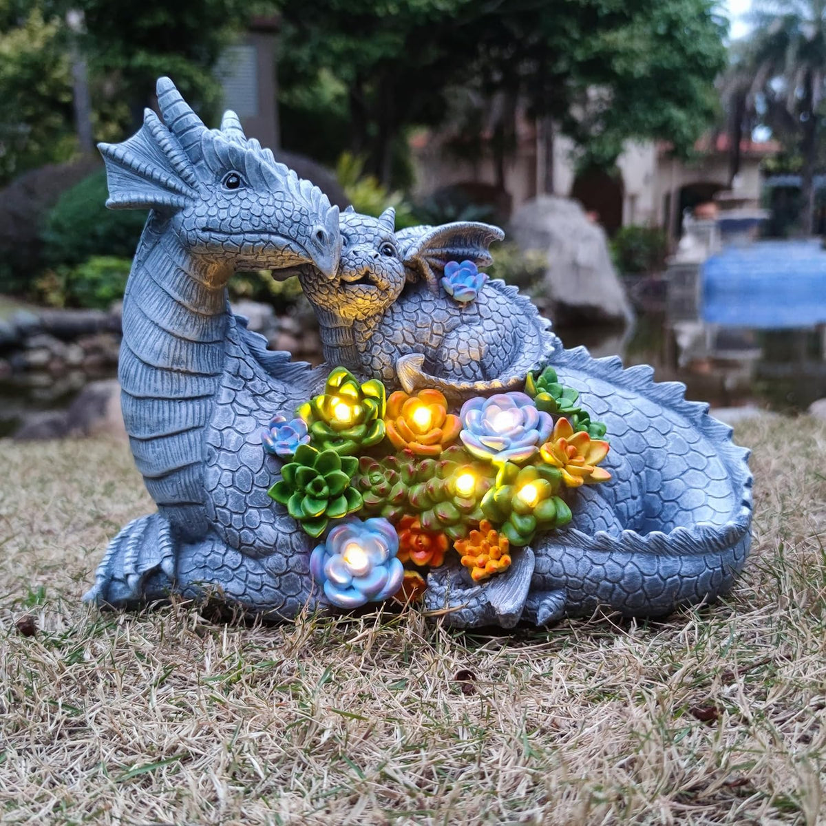 Solar Dragon Statue with LED Lights, Dargon Lover Gifts with Succulent and 6 LED Lights for