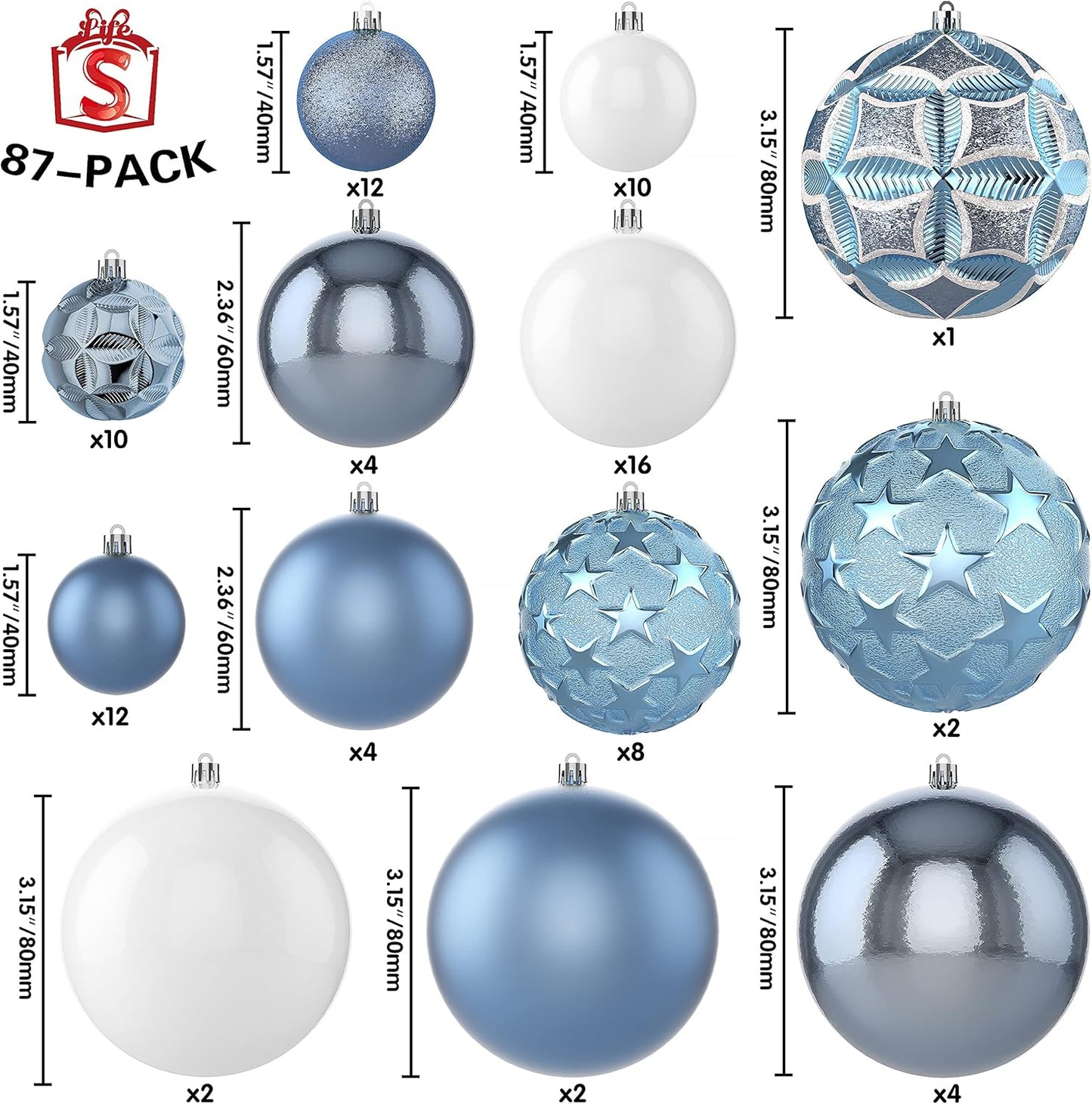 87ct Christmas Ball Ornaments Set Shatterproof Seasonal Hanging Decorations with Reusable Hand-held