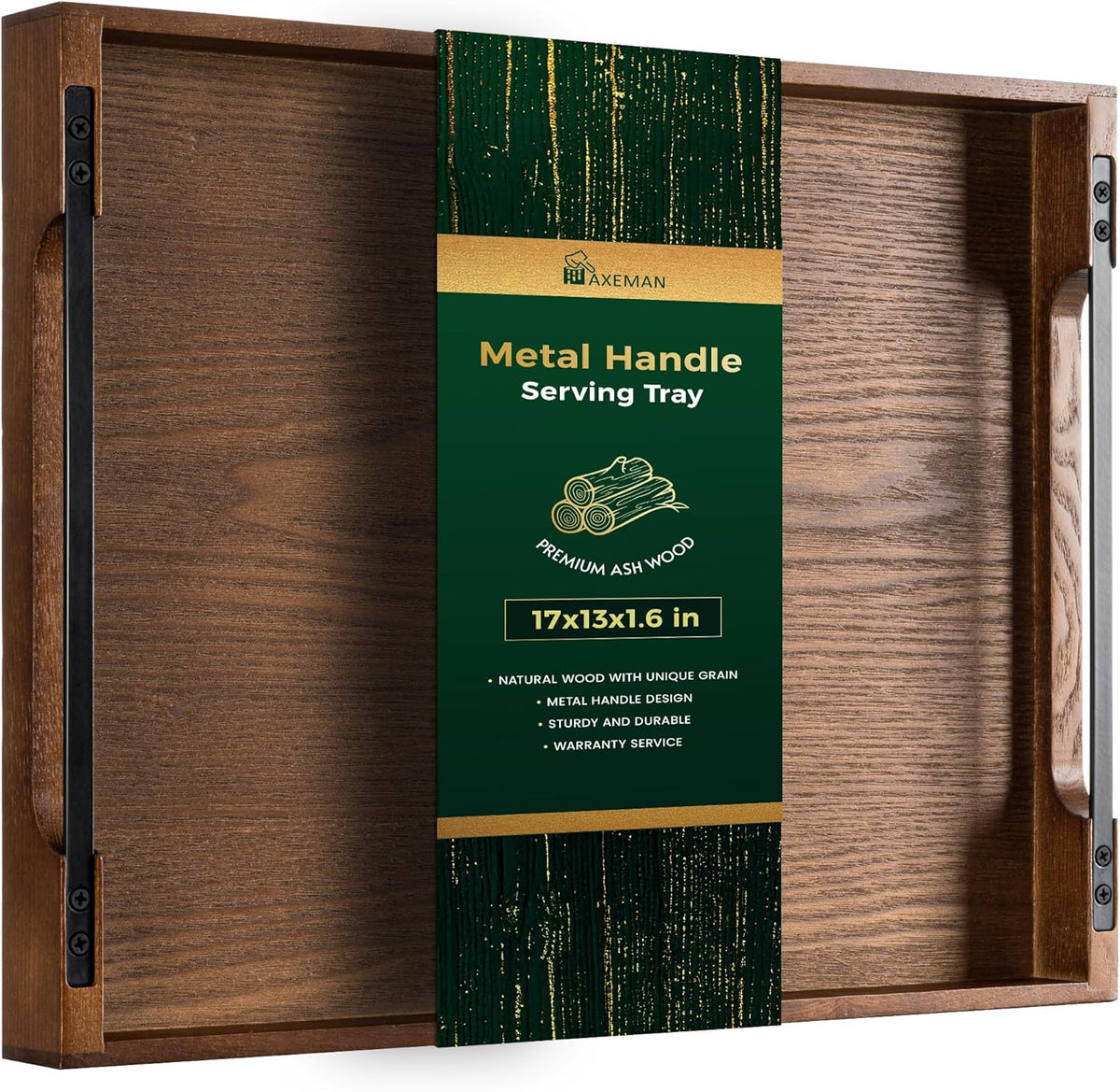 Axeman Wooden Serving Tray with Metal Handles|Ottoman Tray for Breakfast, Bed, Couch|17x13in Ash